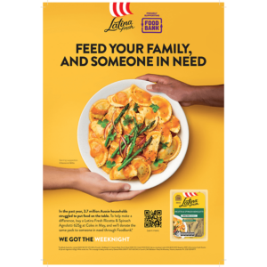 Latina Fresh feed your family and someone in need banner with plate holding 2 hands