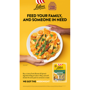 Banner with title Latina Fresh feed your family and someone and plate of food holding