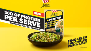 Pasta 30g of protein per serve banner containing pasta in bowl